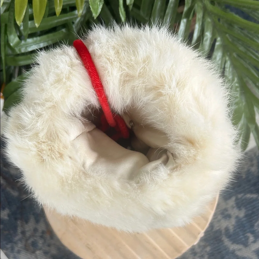 Vintage 60’s White Rabbit Fur Hand Muff with Red Strap